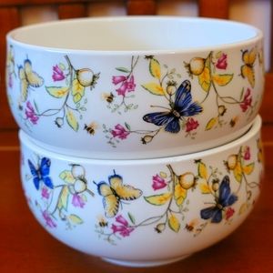 Gracie China Butterfly Bee W/ Flowers Ceramic Bowls (2) NWOT, Pink, Yellow, Blue